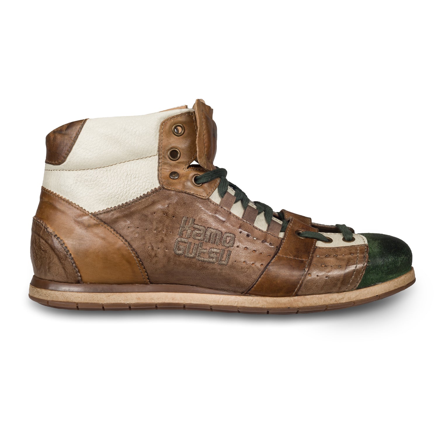 KAMO-GUTSU Italienische Herren Leder Sneaker Stiefel, braun/grün, Retro-Optik, High-Top, Modell TIFO-105 verde / taupe, Handgefertigt in Italien. Handgefertigt. Seitliche Ansicht der Außenseite rechter Schuh.