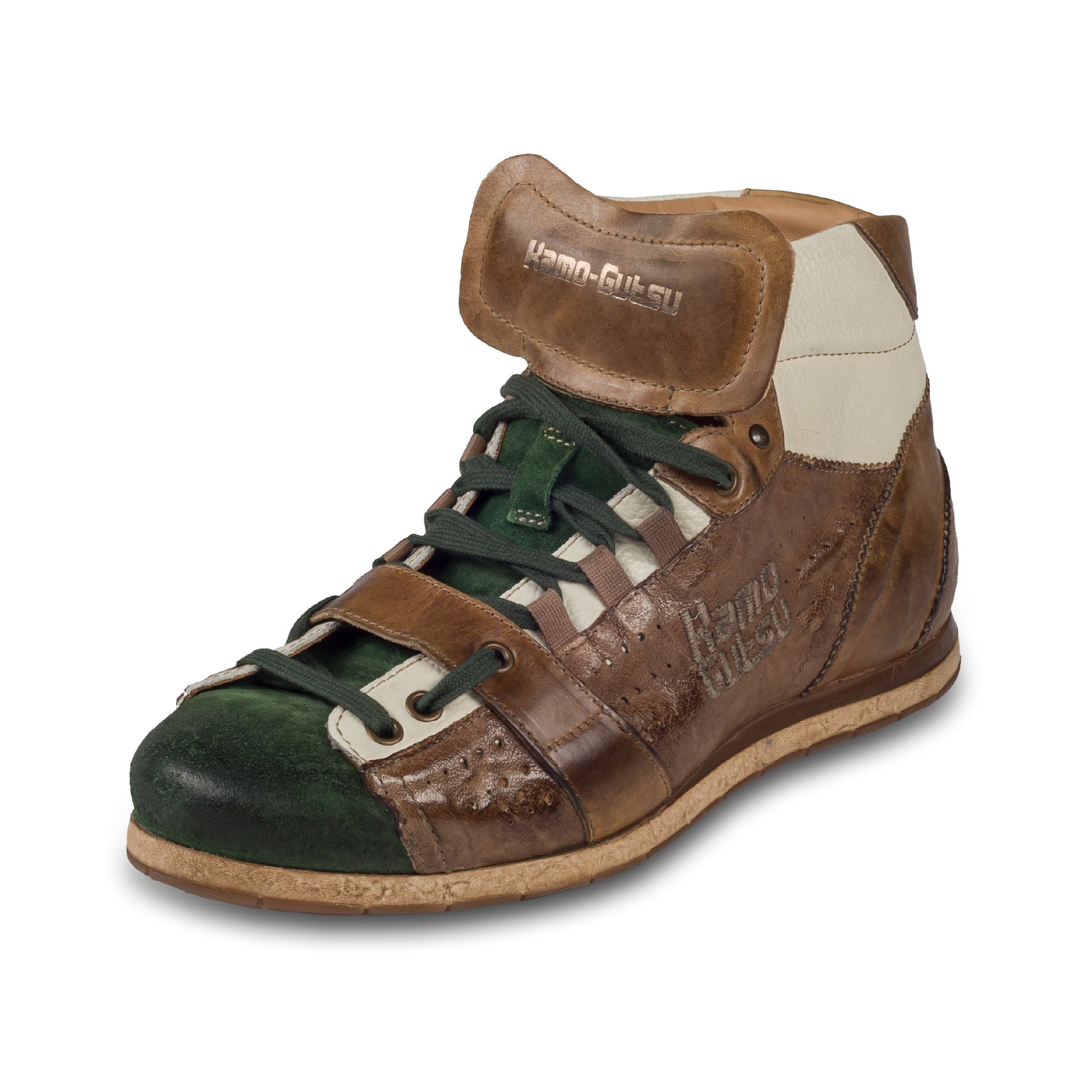KAMO-GUTSU Italienische Herren Leder Sneaker Stiefel, braun/grün, Retro-Optik, High-Top, Modell TIFO-105 verde / taupe, Handgefertigt in Italien. Handgefertigt. Schräge Ansicht linker Schuh.