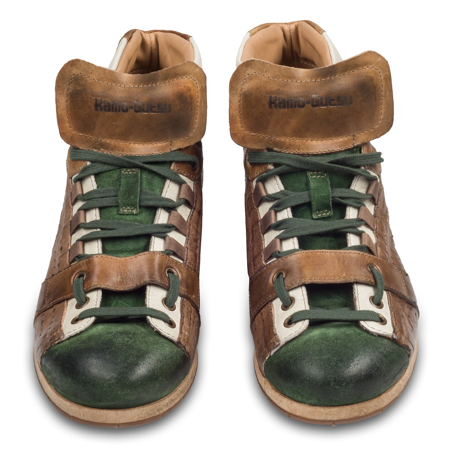KAMO-GUTSU Italienische Herren Leder Sneaker Stiefel, braun/grün, Retro-Optik, High-Top, Modell TIFO-105 verde / taupe, Handgefertigt in Italien. Handgefertigt. Paarweise Ansicht von vorne.