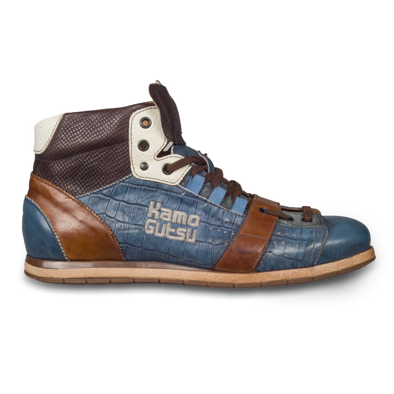 KAMO-GUTSU Italienische Leder Sneaker Stiefel, jeans blau, Retro-Optik, High-Top (TIFO-108 jeans mamba TDM). Handgefertigt in Italien. Seitliche Ansicht der Außenseite rechter Schuh.