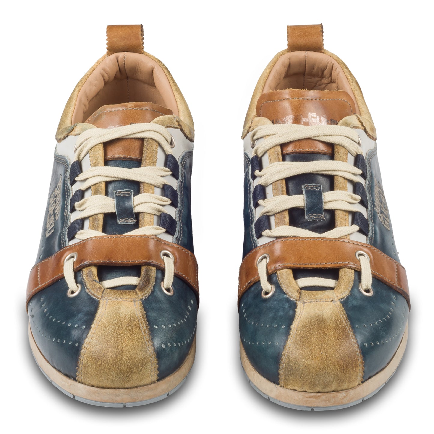 KAMO-GUTSU Herren Leder Sneaker in blau/beige/braun, Retro-Optik. Modell TIFO-017 miele + navy. Handgefertigt in Italien. Paarweise Ansicht von vorne.  