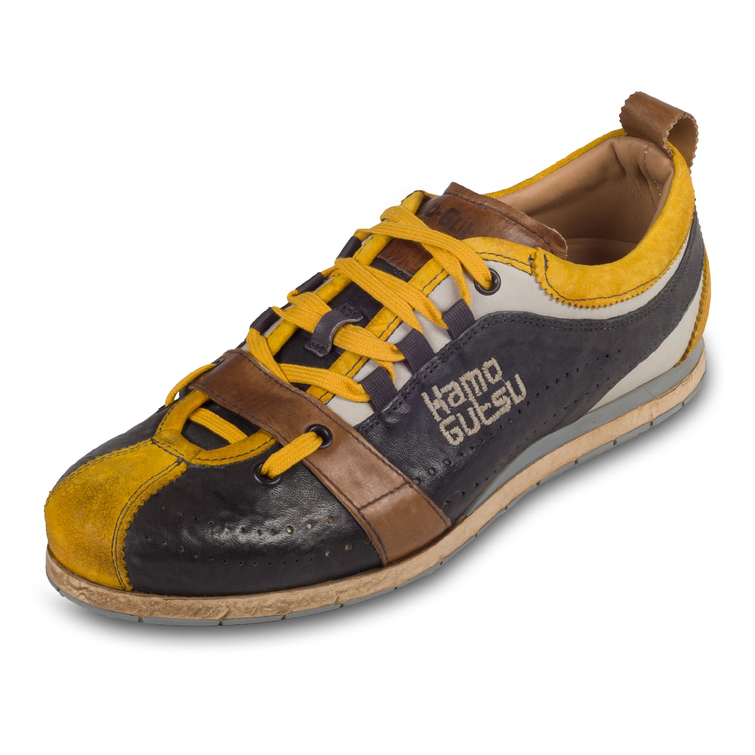KAMO-GUTSU Italienischer Herren Leder Sneaker, dunkelgrau gelb, Retro-Optik, Modell TIFO-017 lambo antracite. Handgefertigt. Schräge Ansicht linker Schuh.