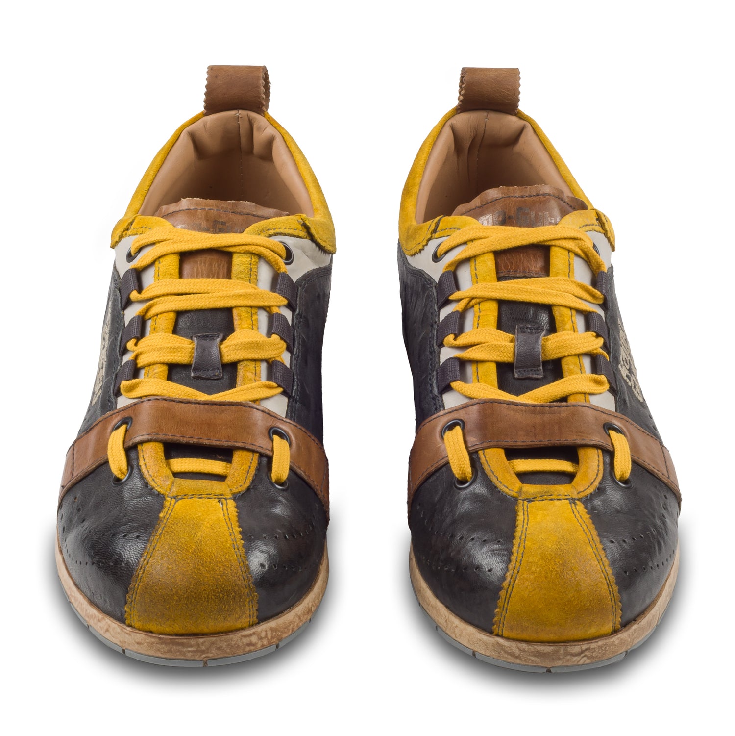 KAMO-GUTSU Italienischer Herren Leder Sneaker, dunkelgrau gelb, Retro-Optik, Modell TIFO-017 lambo antracite. Handgefertigt. Paarweise Ansicht von vorne.