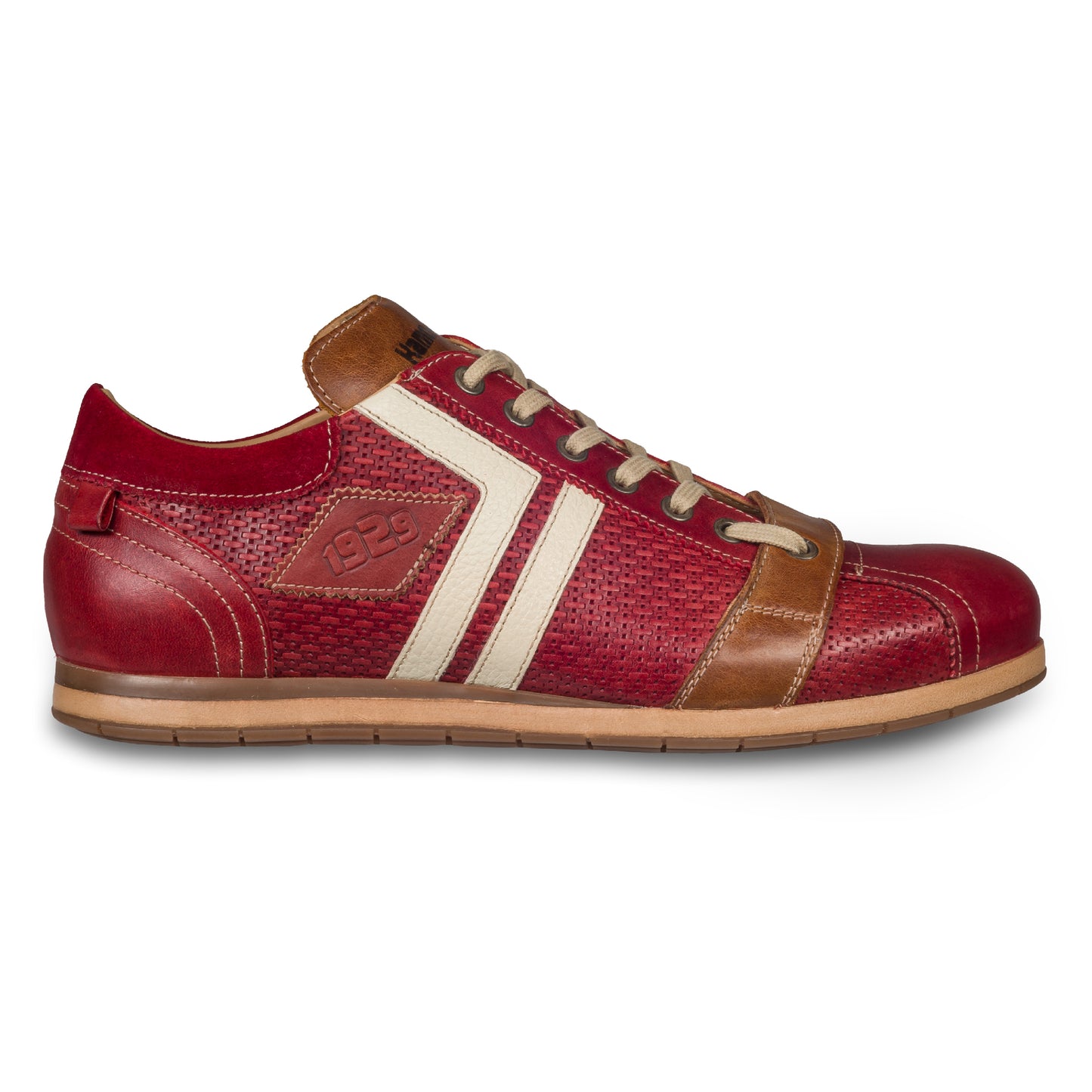 KAMO-GUTSU Italienischer Herren Leder Sneaker, rot, Retro-Optik, Modell TIFO-03 rosso. Handgefertigt. Seitliche Ansicht der Außenseite rechter Schuh.