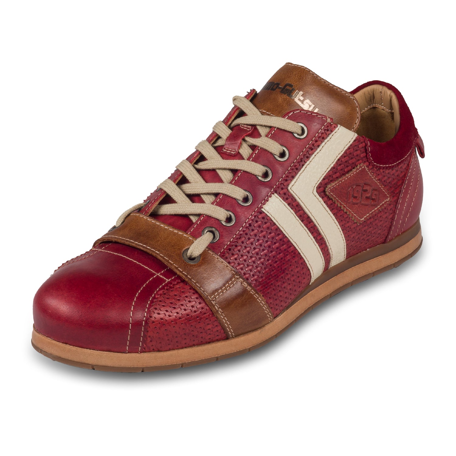 KAMO-GUTSU Italienischer Herren Leder Sneaker, rot, Retro-Optik, Modell TIFO-03 rosso. Handgefertigt. Schräge Ansicht linker Schuh.