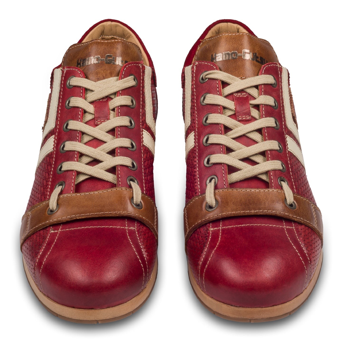 KAMO-GUTSU Italienischer Herren Leder Sneaker, rot, Retro-Optik, Modell TIFO-03 rosso. Handgefertigt. Paarweise Ansicht von vorne.