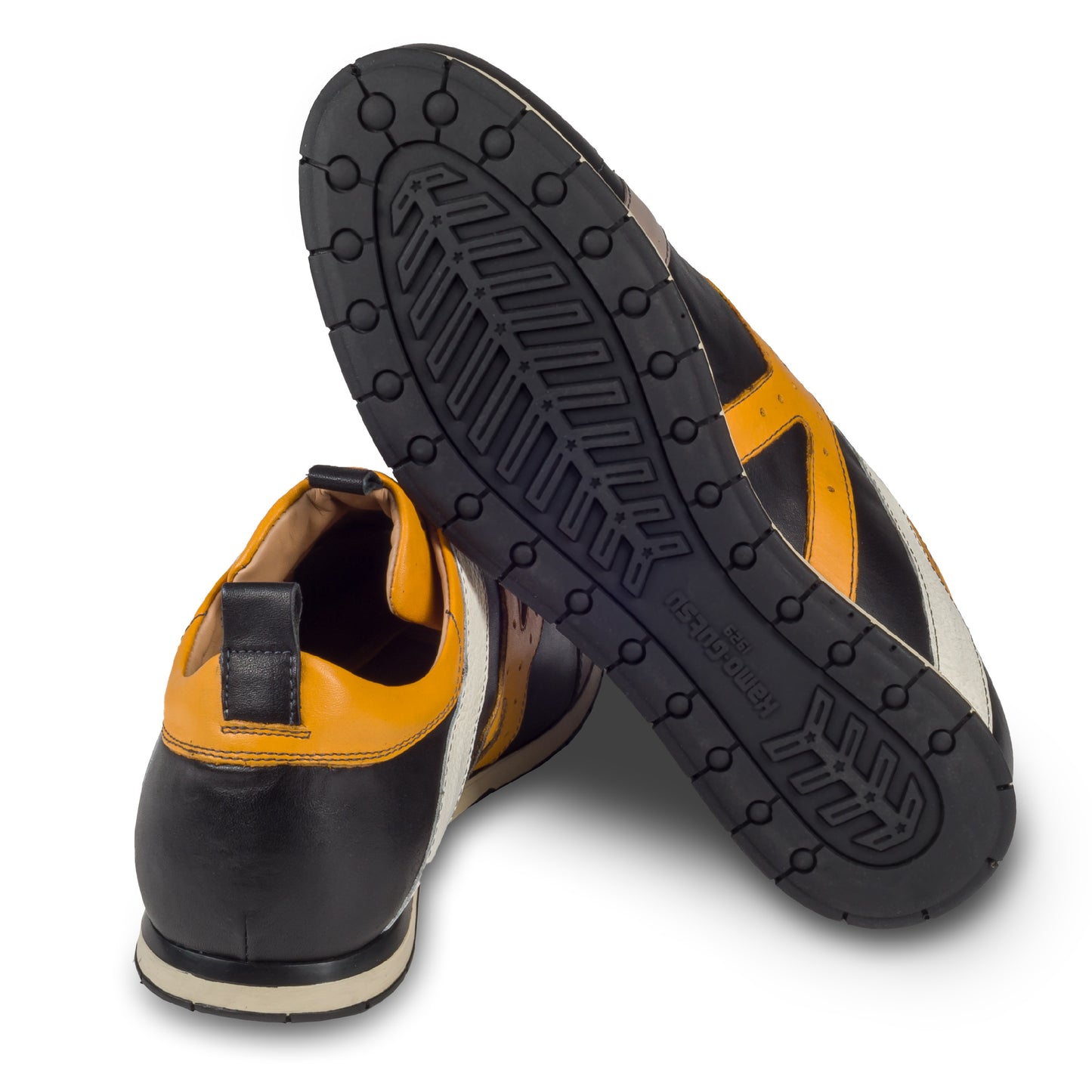 KAMO-GUTSU Italienische Leder Sneaker, schwarz mit gelb und weiß (TIFO-042 nero girasole). Handgefertigt in Italien. Ansicht der Ferse und Sohlenunterseite.