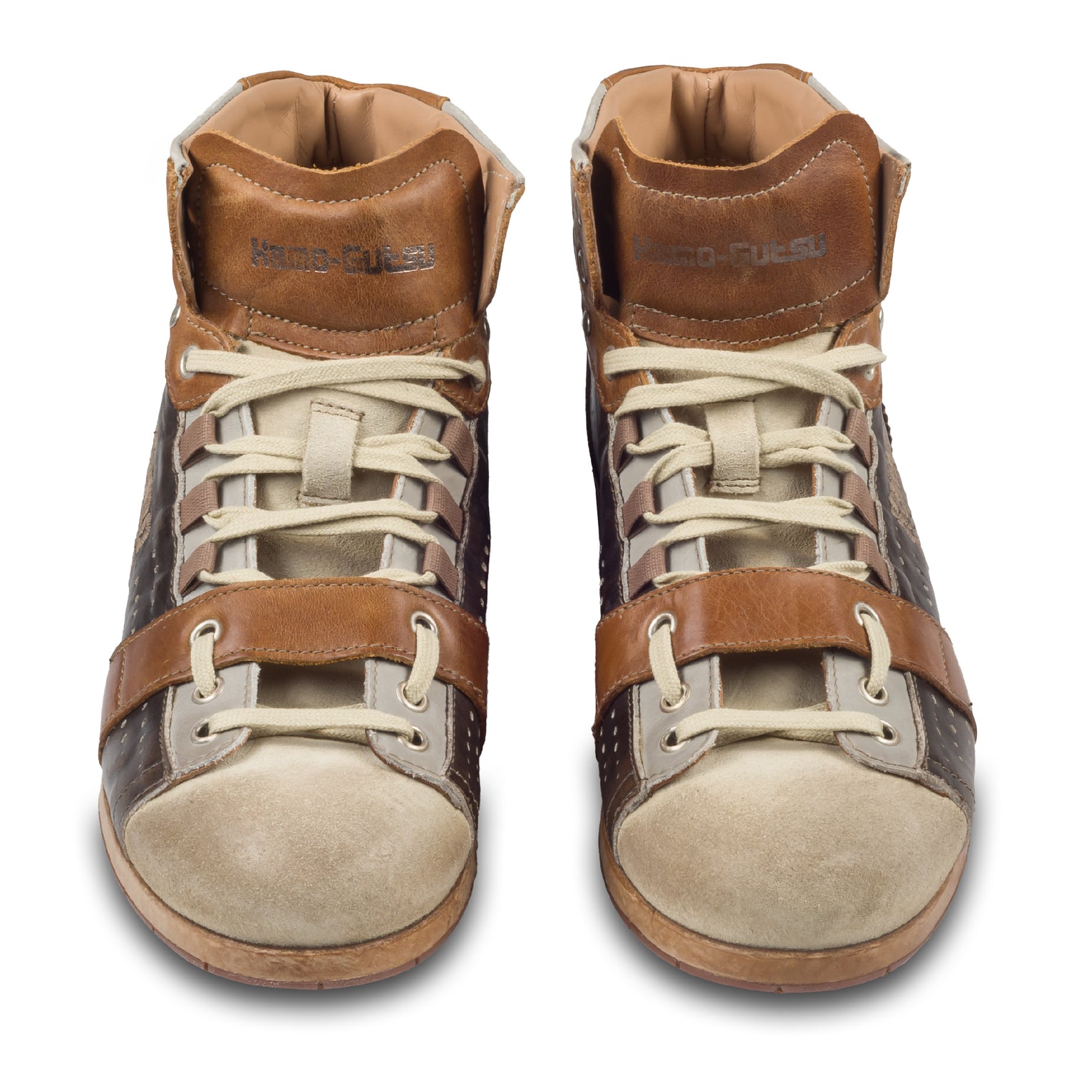 KAMO-GUTSU Herren Leder Sneaker Stiefel, braun/beige, Retro-Optik, High-Top, Modell TIFO-105 panna + pietra, Handgefertigt in Italien. Paarweise Ansicht von vorne.  