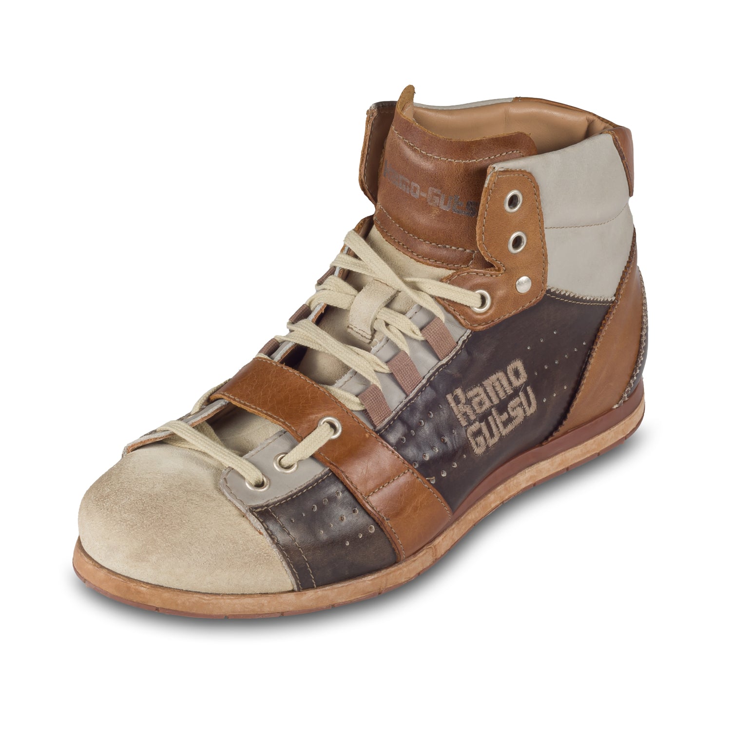 KAMO-GUTSU Herren Leder Sneaker Stiefel, braun/beige, Retro-Optik, High-Top, Modell TIFO-105 panna + pietra, Handgefertigt in Italien. Schräge Ansicht linker Schuh.