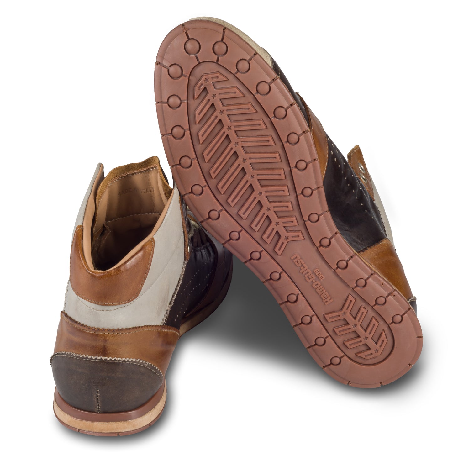 KAMO-GUTSU Herren Leder Sneaker Stiefel, braun/beige, Retro-Optik, High-Top, Modell TIFO-105 panna + pietra, Handgefertigt in Italien. Ansicht der Ferse und Sohlenunterseite. 