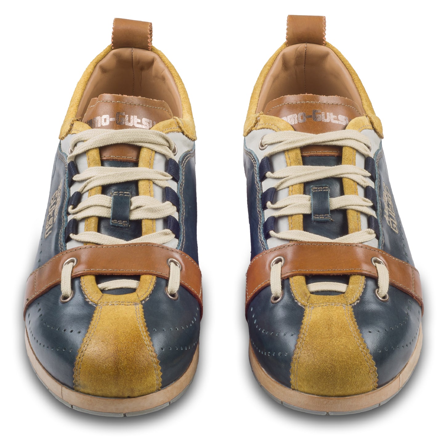 Kamo-Gutsu Sneaker Herren in Blau mit Gelb (TIFO-017 giallo/navy). Aus Kalbsleder stonewashed. Handgefertigt Made in Italy. Paarweise Ansicht von vorne.