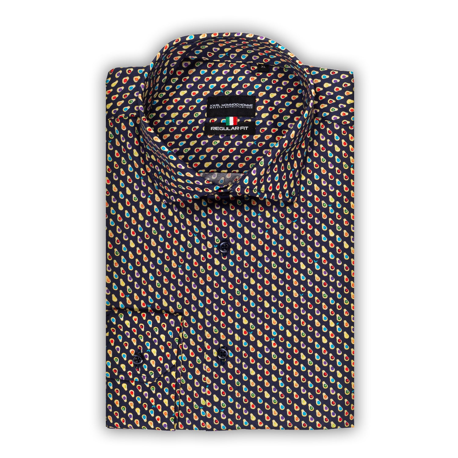 Italienisches Designer Langarm Herren-Hemd von KARL MOMMOO in blau / bunt gemustert. Aus Baumwolle mit Elasthan in der Regular Fit Passform. Gefertigt in Italien. Ansicht gefaltetes Hemd.