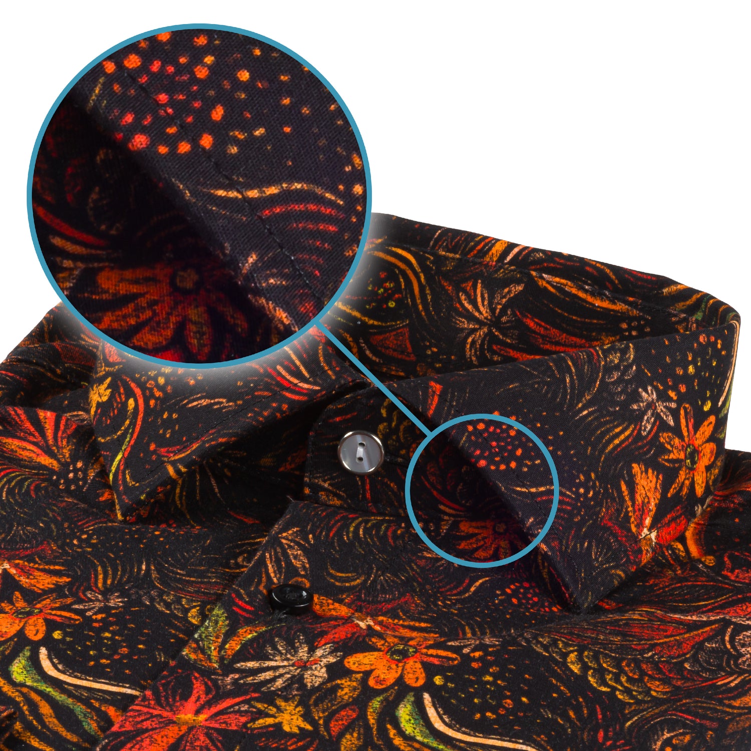 Italienisches Designer Langarm Herren-Hemd von KARL MOMMOO in schwarz mit buntem Fantasie-Print. Aus Baumwolle mit Elasthan in der Modern Fit Passform. Gefertigt in Italien. Detailansicht Kragen und Material bzw. Muster.