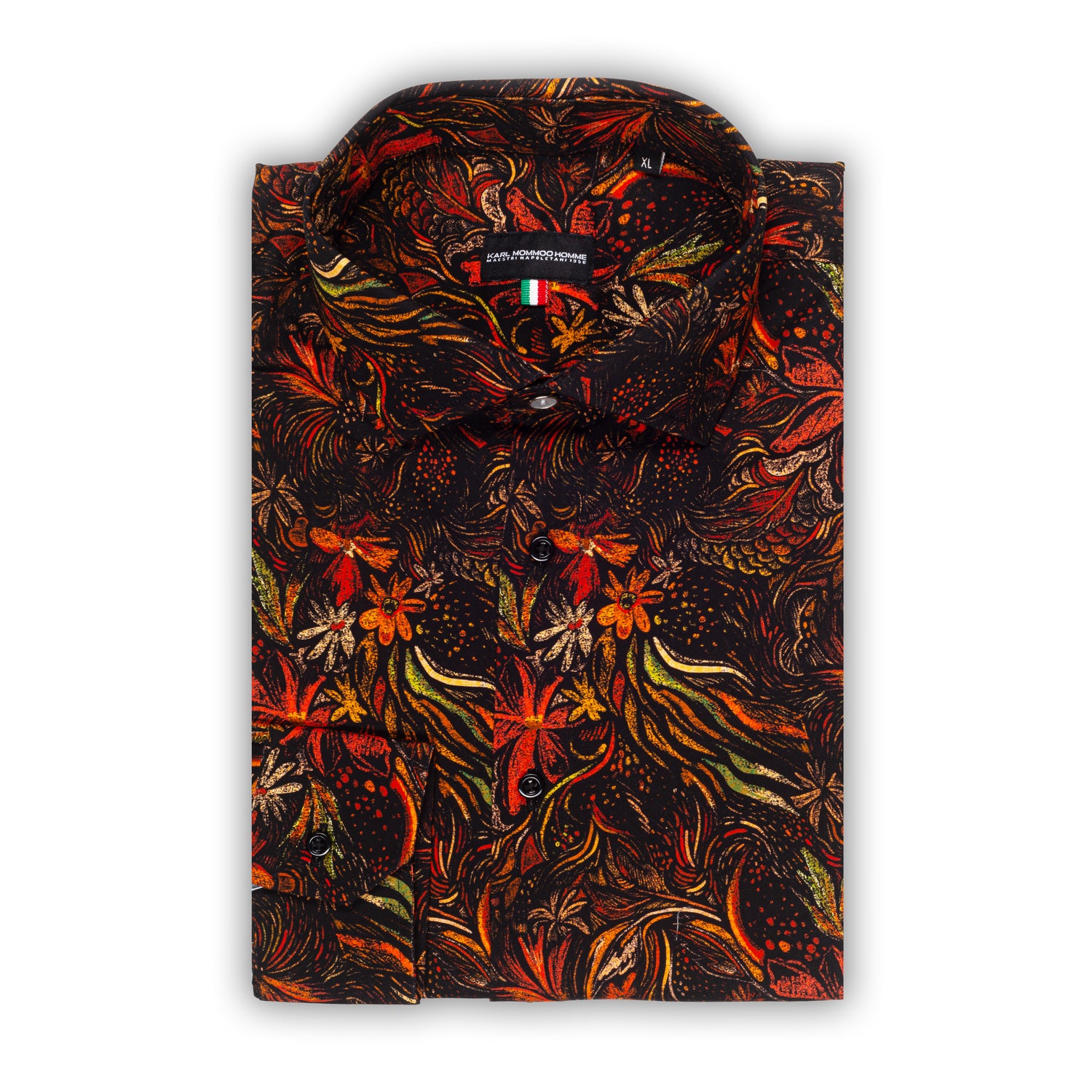 Italienisches Designer Langarm Herren-Hemd von KARL MOMMOO in schwarz mit buntem Fantasie-Print. Aus Baumwolle mit Elasthan in der Modern Fit Passform. Gefertigt in Italien. Ansicht gefaltetes Hemd.