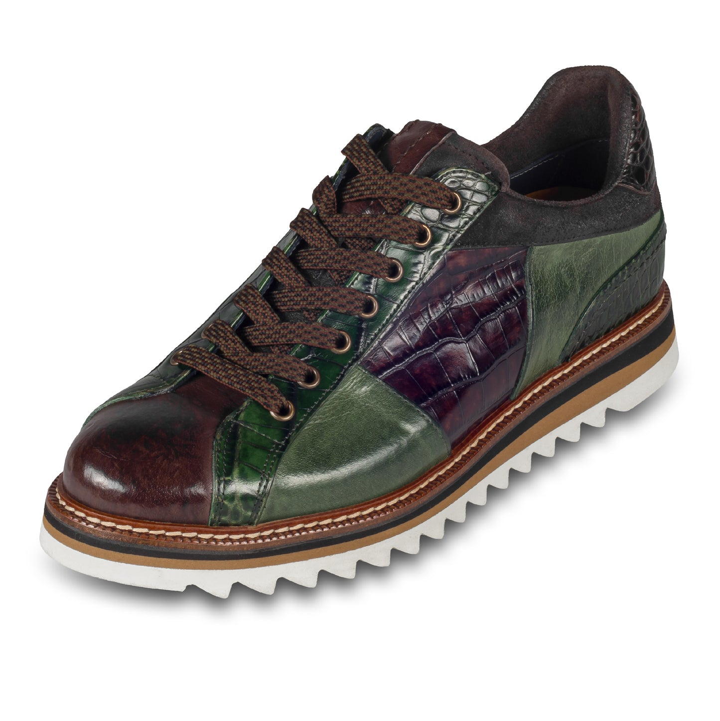 LORENZI Sneaker Herren grün/braun - Kalbsleder mit Reptilprägung, stonewashed
