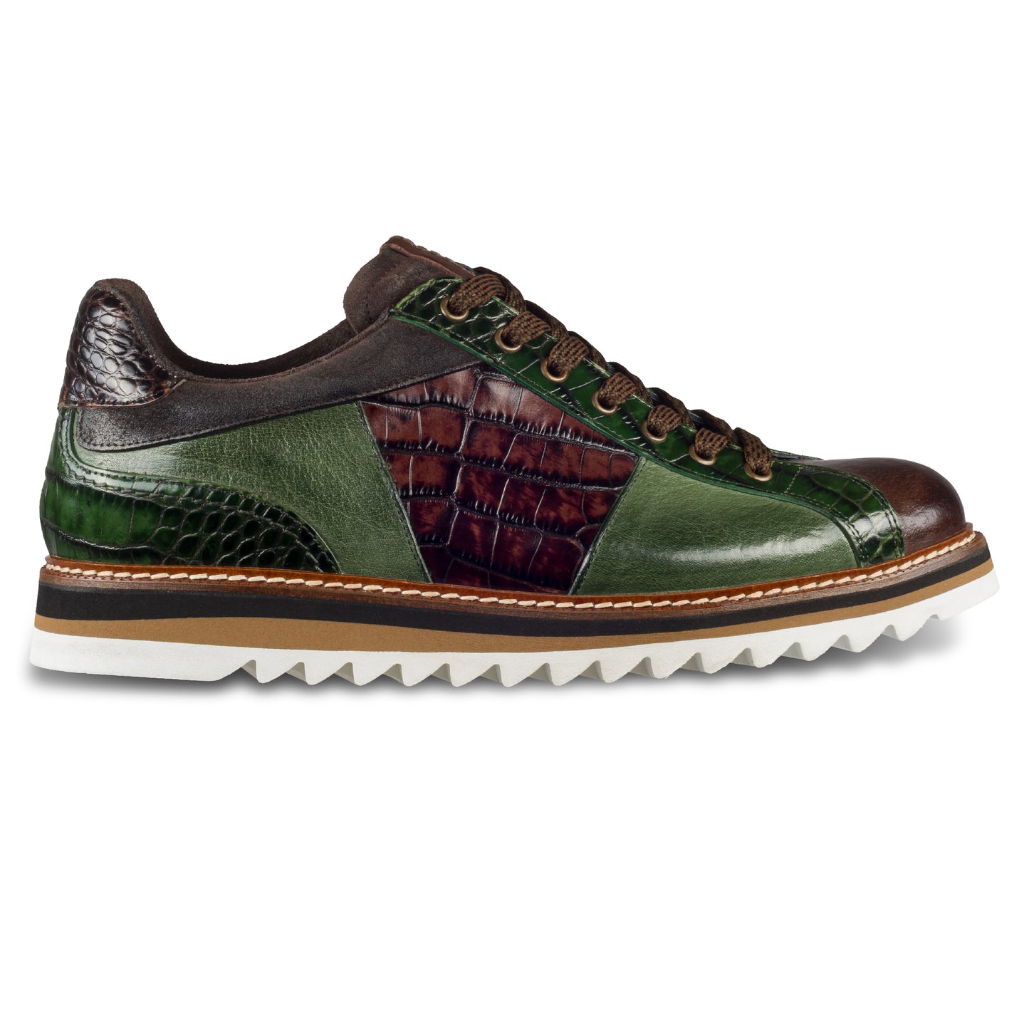 LORENZI Sneaker Herren grün/braun - Kalbsleder mit Reptilprägung, stonewashed