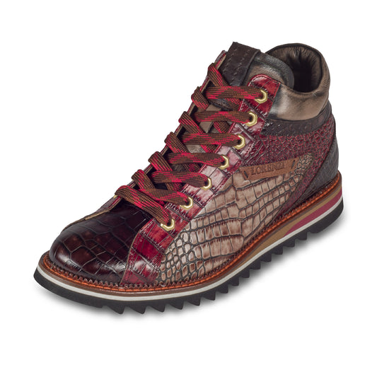 LORENZI Sneaker-Stiefel Herren braun/rot mit Lammfell, Kalbsleder Krokoprägung, Reißverschluß