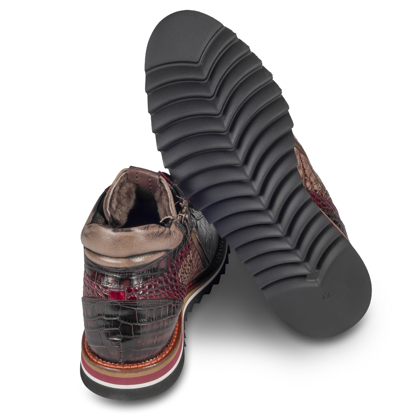 LORENZI Sneaker-Stiefel Herren braun/rot mit Lammfell, Kalbsleder Krokoprägung, Reißverschluß