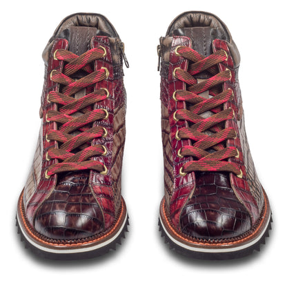 LORENZI Sneaker-Stiefel Herren braun/rot mit Lammfell, Kalbsleder Krokoprägung, Reißverschluß