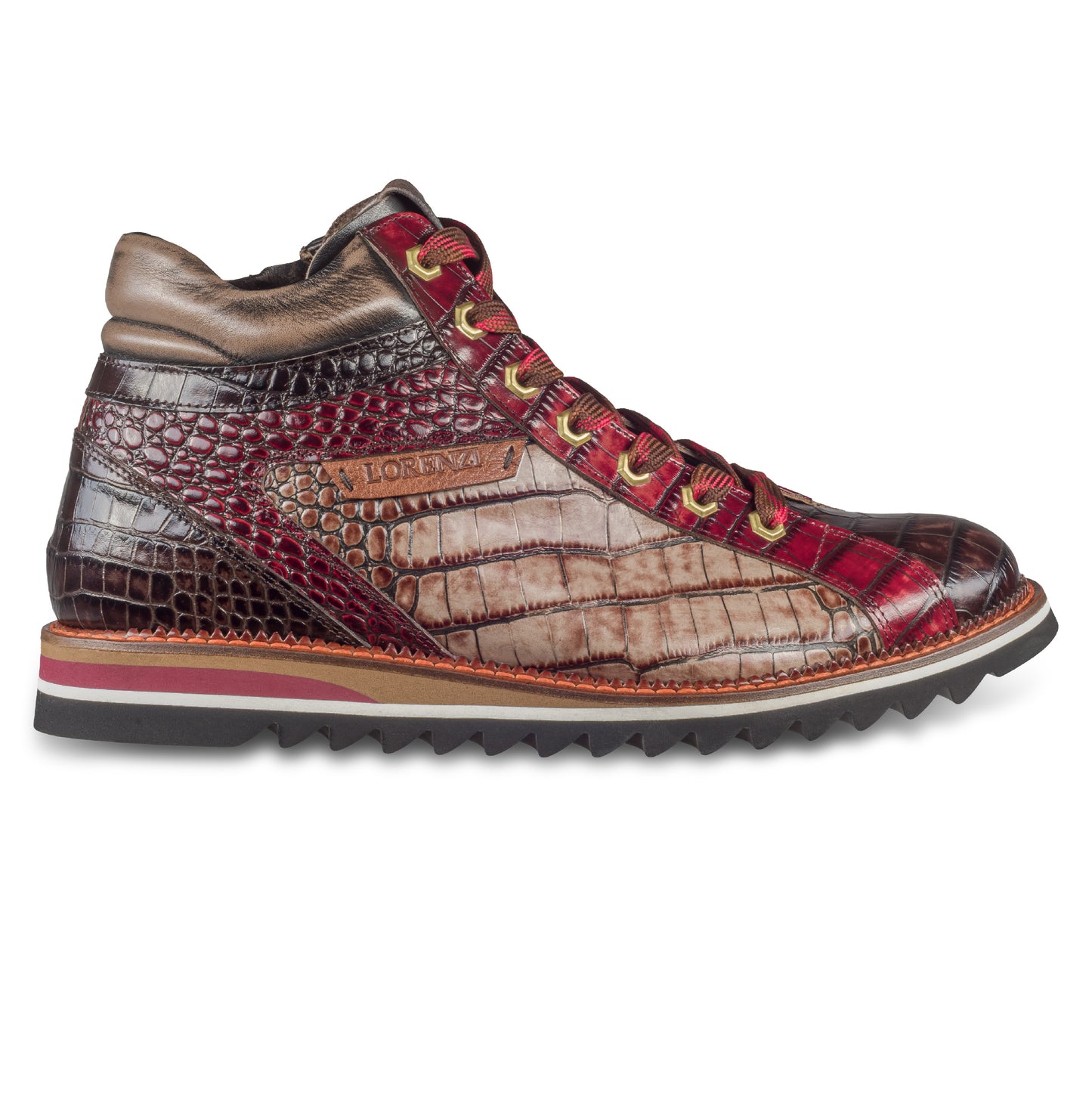 LORENZI Sneaker-Stiefel Herren braun/rot mit Lammfell, Kalbsleder Krokoprägung, Reißverschluß