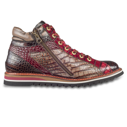 LORENZI Sneaker-Stiefel Herren braun/rot mit Lammfell, Kalbsleder Krokoprägung, Reißverschluß