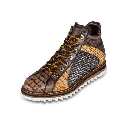 LORENZI Sneaker-Stiefel Herren schwarz/braun mit Lammfell, Kalbsleder Krokoprägung, Reißverschluß