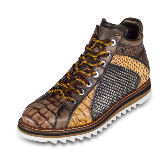 LORENZI Sneaker-Stiefel Herren schwarz/braun mit Lammfell, Kalbsleder Krokoprägung, Reißverschluß