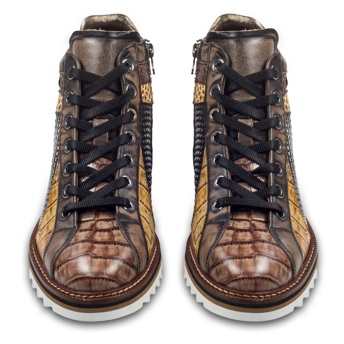 LORENZI Sneaker-Stiefel Herren schwarz/braun mit Lammfell, Kalbsleder Krokoprägung, Reißverschluß