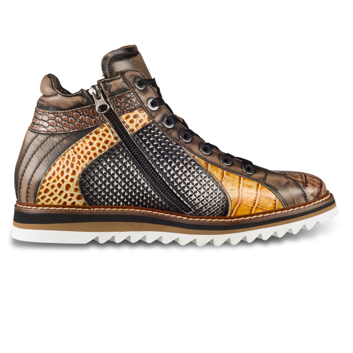 LORENZI Sneaker-Stiefel Herren schwarz/braun mit Lammfell, Kalbsleder Krokoprägung, Reißverschluß