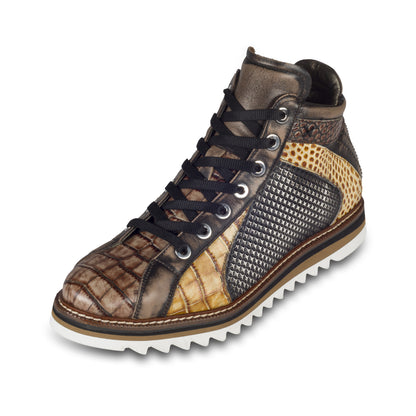 LORENZI Sneaker-Stiefel Herren schwarz/braun mit Lammfell, Kalbsleder Krokoprägung, Reißverschluß