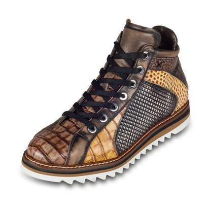 LORENZI Sneaker-Stiefel Herren schwarz/braun mit Lammfell, Kalbsleder Krokoprägung, Reißverschluß