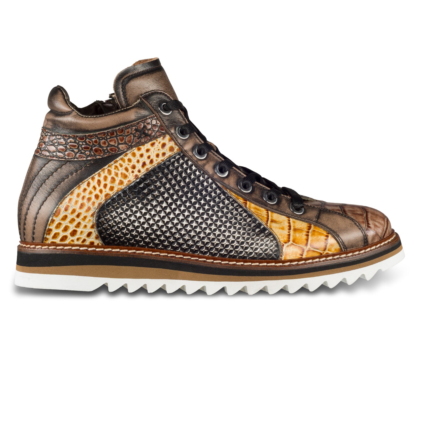 LORENZI Sneaker-Stiefel Herren schwarz/braun mit Lammfell, Kalbsleder Krokoprägung, Reißverschluß