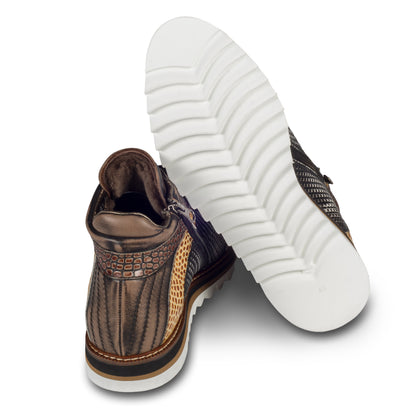 LORENZI Sneaker-Stiefel Herren schwarz/braun mit Lammfell, Kalbsleder Krokoprägung, Reißverschluß