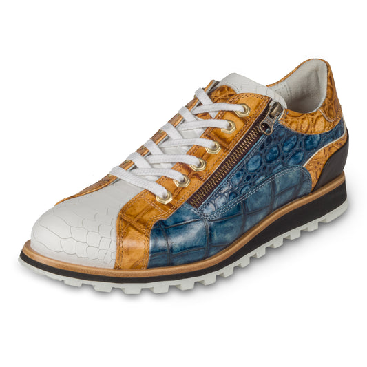 Lorenzi | Handgefertigter Leder-Sneaker in blau / beige / weiß mit Prägung, Letzte Größe: 40/41