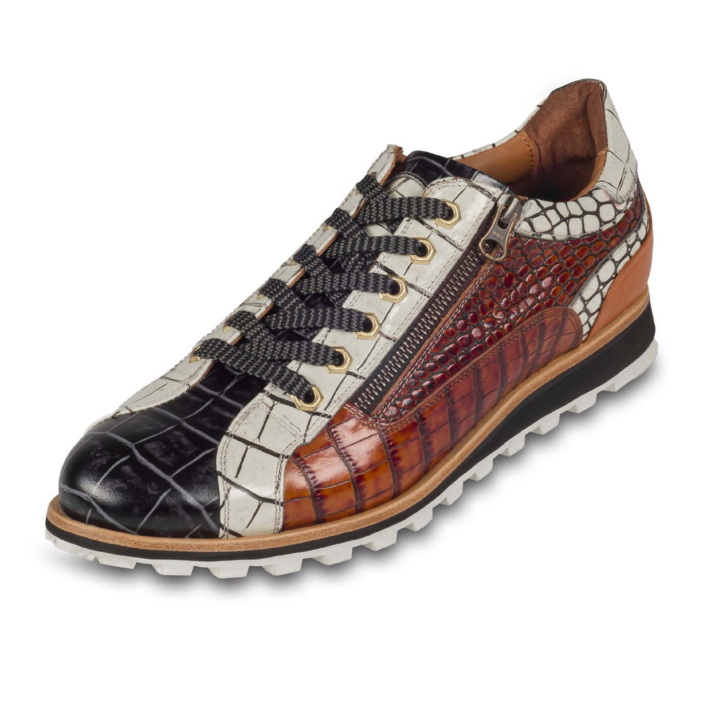 LORENZI - Italienische Herren Kalbsleder Sneaker, in schwarz / braun / weiß, mit Reptil Prägung und seitlichem Reißverschluß. Handgefertigt und durchgenäht. Schräge Ansicht linker Schuh mit grauem Schnürsenkel..