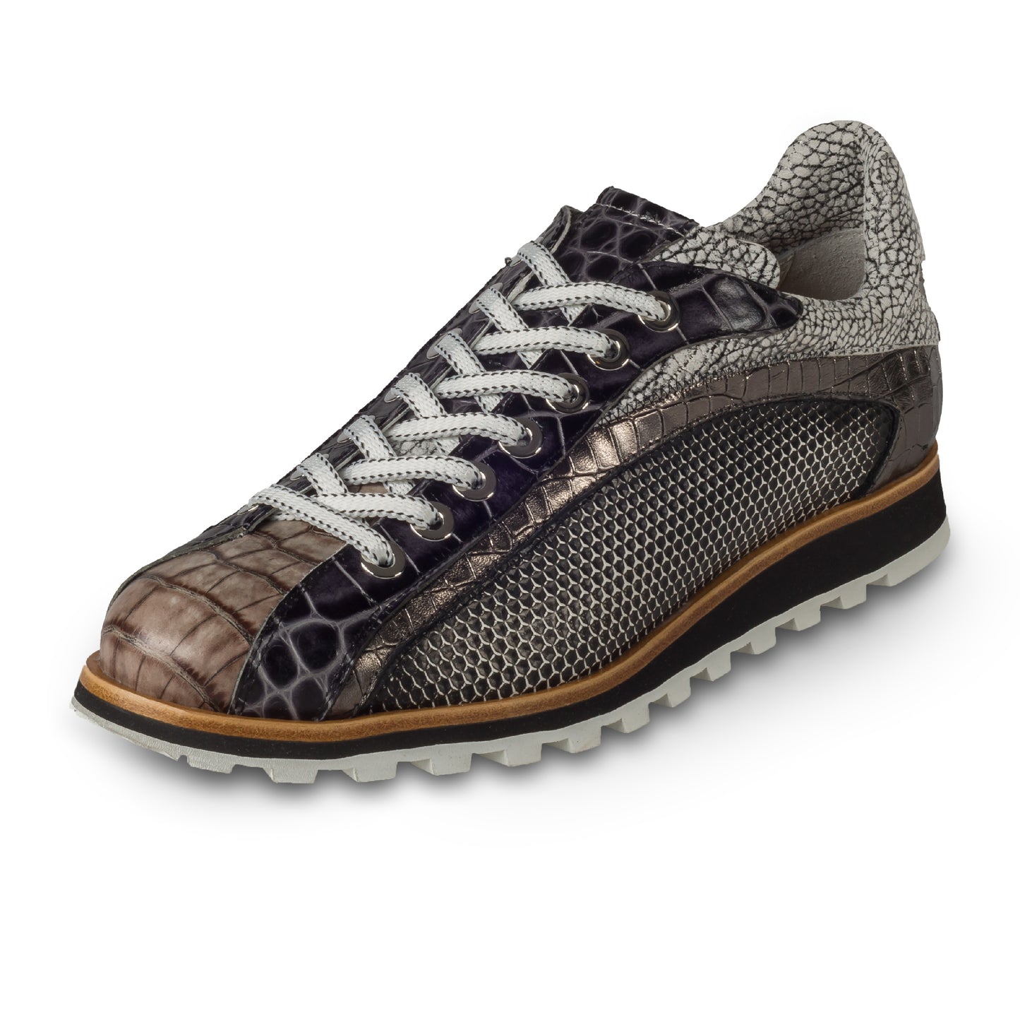 Lorenzi | Handgefertigter Leder-Sneaker in schwarz mit weiß und silber grau, Letzte Größe 42/43