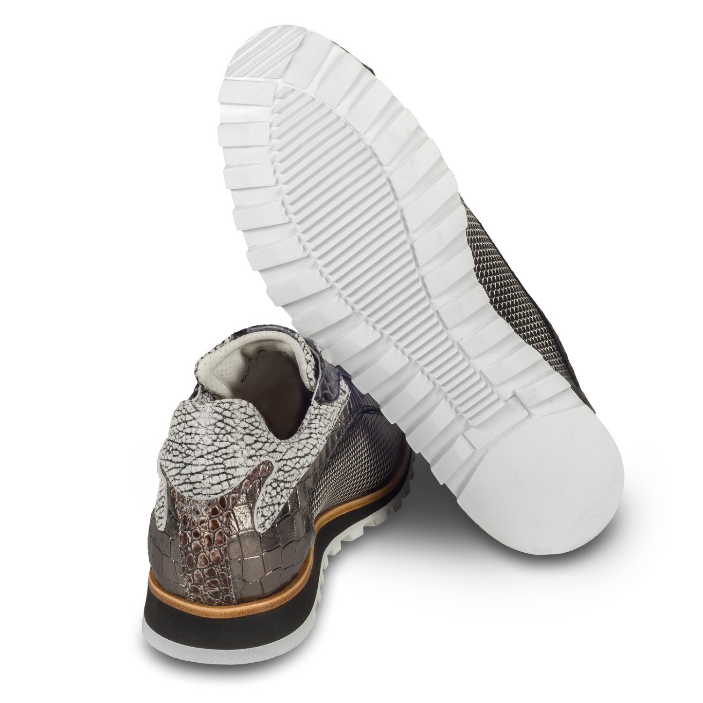 Lorenzi | Handgefertigter Leder-Sneaker in schwarz mit weiß und silber grau, Letzte Größe 42/43