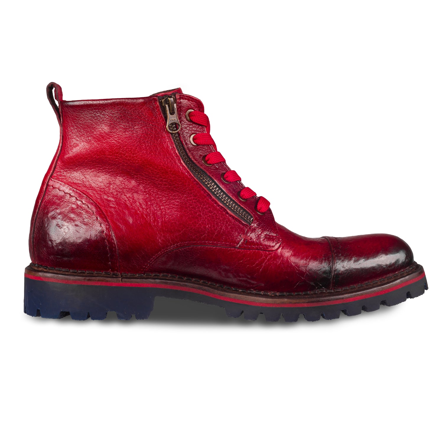 LORENZI - Italienische Herren Schnür-Boots, Kalbsleder-Stiefelette rot. Handgefertigt und durchgenäht. Seitliche Ansicht der Innenseite linker Schuh.