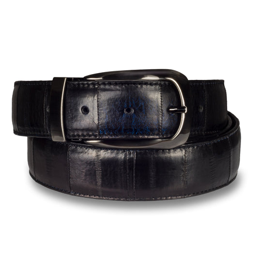 Lorenzi – Handgefertigter Ledergürtel aus schwarzem Aal-Leder mit anthrazit farbener Schließe. 3,5 cm breit und 120 cm lang (Länge durch Koppelschließe einfach und stufenlos kürzbar). 