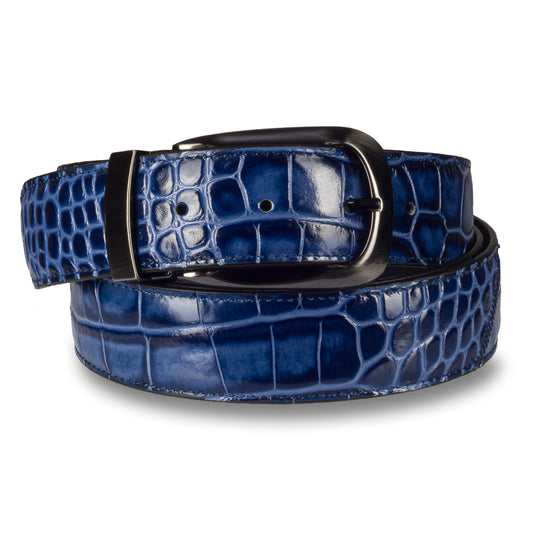 Lorenzi – Handgefertigter Ledergürtel in cobalt blauer Reptilprägung mit anthrazit farbener Schließe. 3,5 cm breit und 120 cm lang (Länge durch Koppelschließe einfach und stufenlos kürzbar).