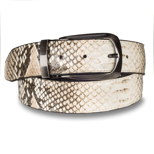 Lorenzi – Handgefertigter Ledergürtel in beige/brauner Schlangen-Optik mit anthrazit farbener Schließe. 3,5 cm breit und 120 cm lang (Länge durch Koppelschließe einfach und stufenlos kürzbar).