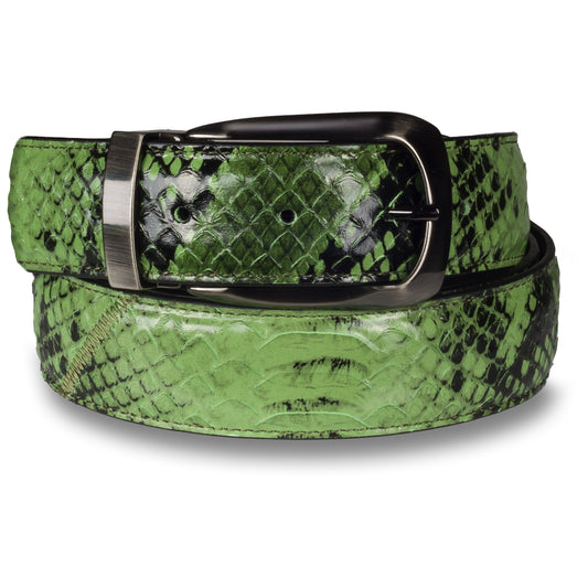 Lorenzi – Handgefertigter Ledergürtel in grün/schwarzer Schlangen-Optik mit anthrazit farbener Schließe. 3,5 cm breit und 120 cm lang (Länge durch Koppelschließe einfach und stufenlos kürzbar).