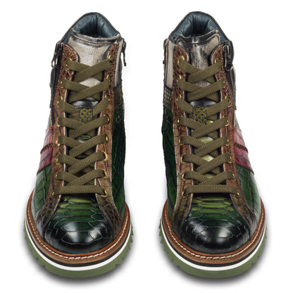 Lorenzi Italienische Herren Leder-Sneaker Stiefel in grün mit Kroko-Prägung und Reißverschluß. Handgefertigt. Paarweise Ansicht von vorne