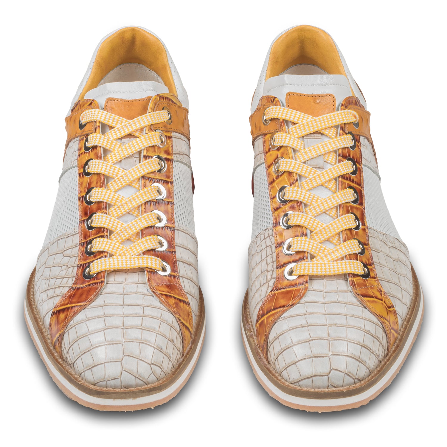 LORENZI Italienische Herren Leder-Sneaker in beige/braun/orange mit Reptil-Prägung und Perforierung. Handgefertigt. Paarweise Ansicht von vorne.