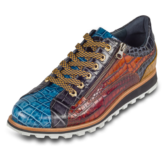 Lorenzi - Herren Leder-Sneaker in blau / braun / schwarz. Aus Kalbsleder mit Kroko-Prägung und Reißverschluß. Handgefertigt in Italien. Schräge Ansicht linker Schuh.