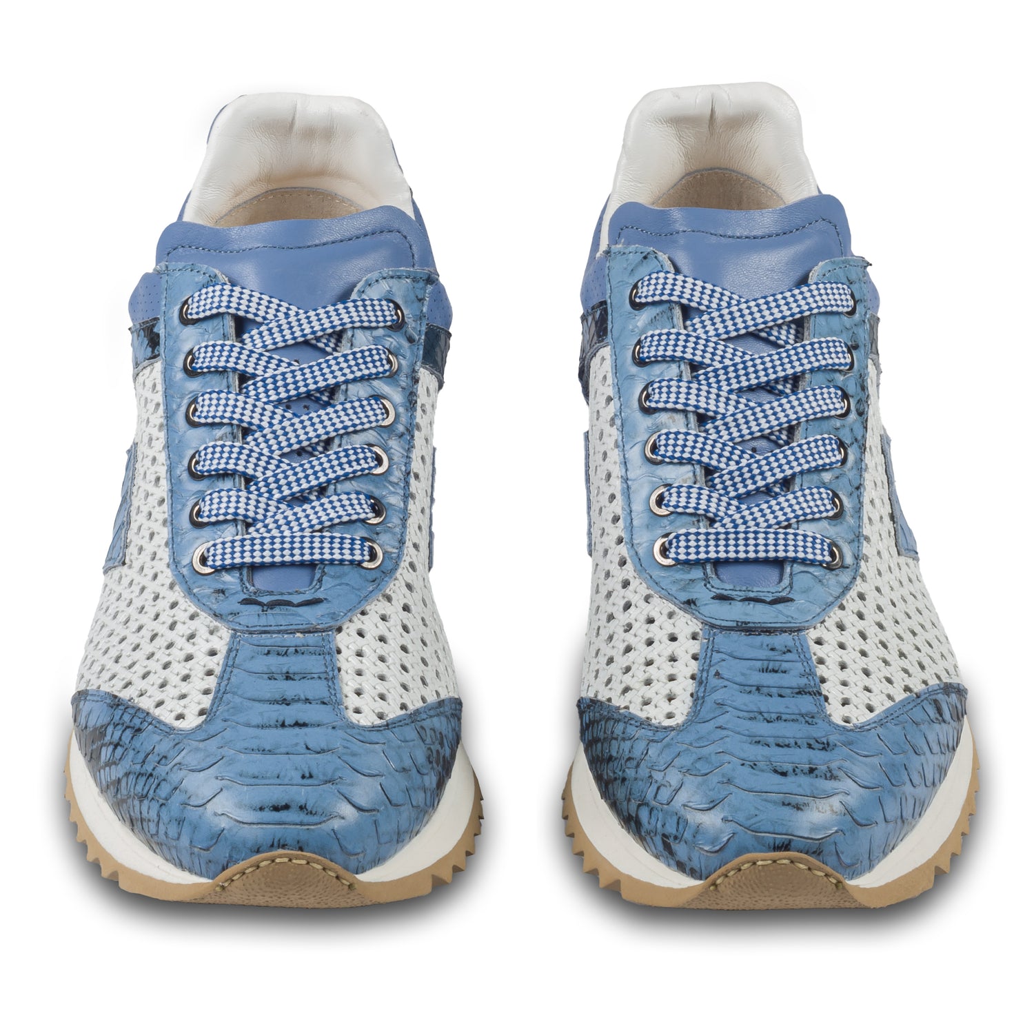 Lorenzi Herren Leder Sneaker in blau / weiß mit Schlangen-Prägung und perforiertem Kalbsleder. Handgefertigt in Italien. Paarweise Ansicht von vorne. 