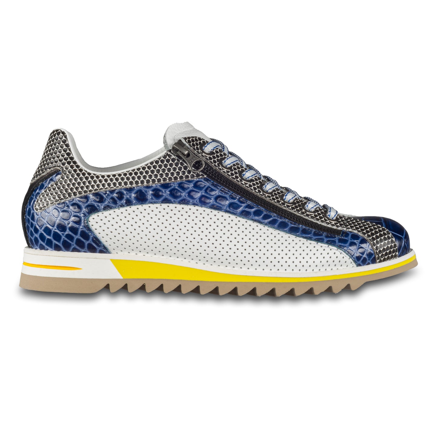 Lorenzi Herren Leder-Sneaker mit raffinierter Prägung und Reißverschluß, in blau / schwarz / weiß. Handgefertigt. Seitliche Ansicht der Außenseite rechter Schuh.