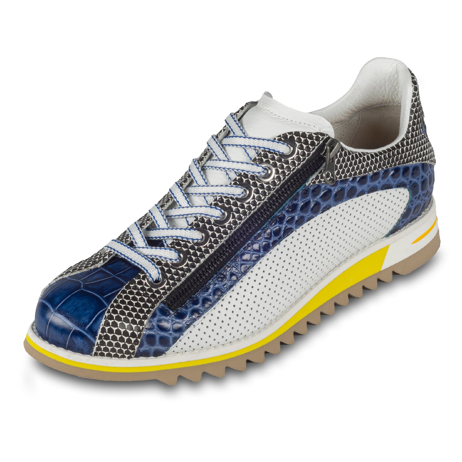 Lorenzi Herren Leder-Sneaker mit raffinierter Prägung und Reißverschluß, in blau / schwarz / weiß. Handgefertigt. Schräge Ansicht linker Schuh.