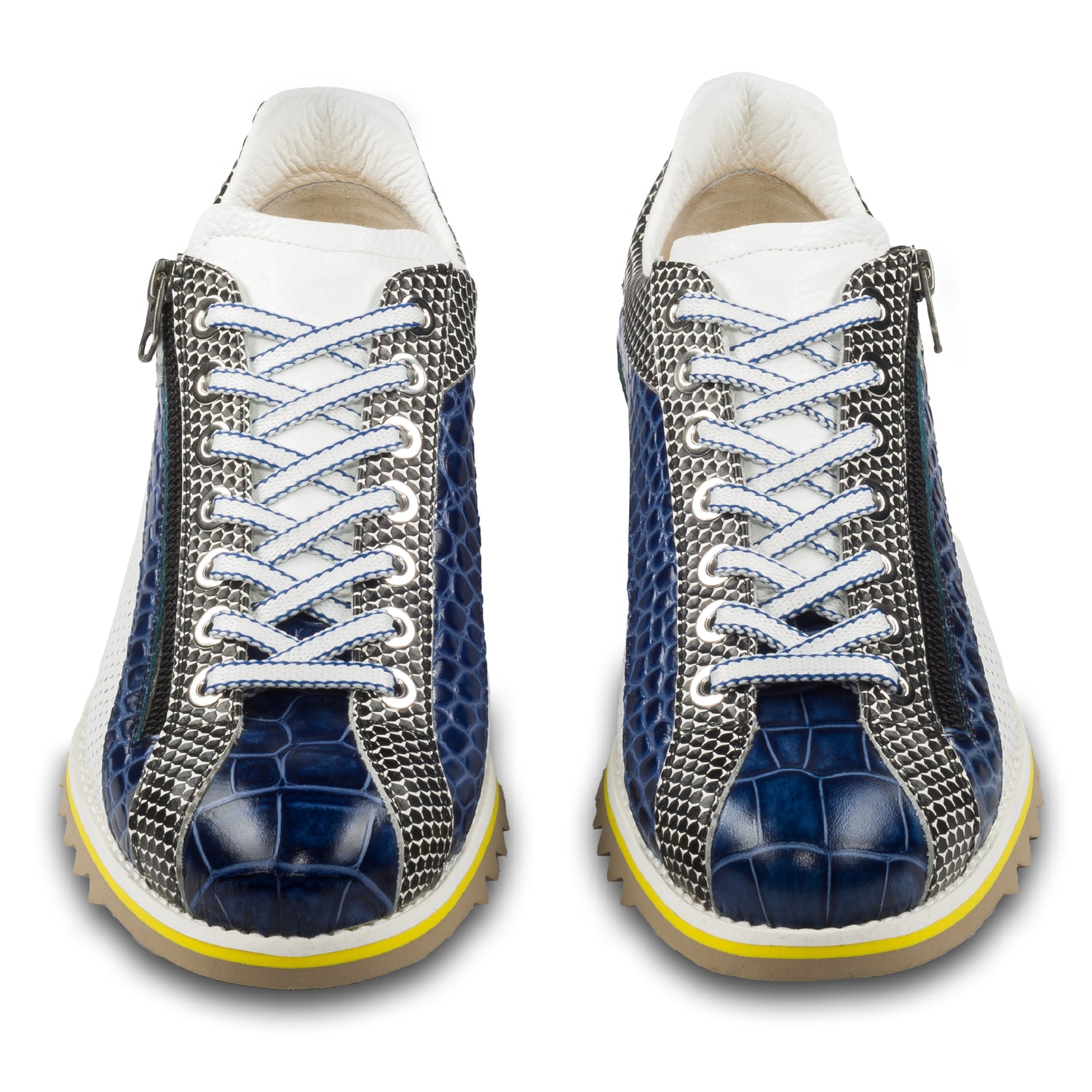 Lorenzi Herren Leder-Sneaker mit raffinierter Prägung und Reißverschluß, in blau / schwarz / weiß. Handgefertigt. Paarweise Ansicht von vorne.