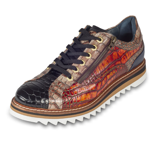 LORENZI Sneaker Herren in braun mit schwarz, in Reptilprägung aus Kalbsleder. Mit Reißverschluß. Handgefertigt & Durchgenäht. Made in Italy. Schräge Ansicht linker Schuh.